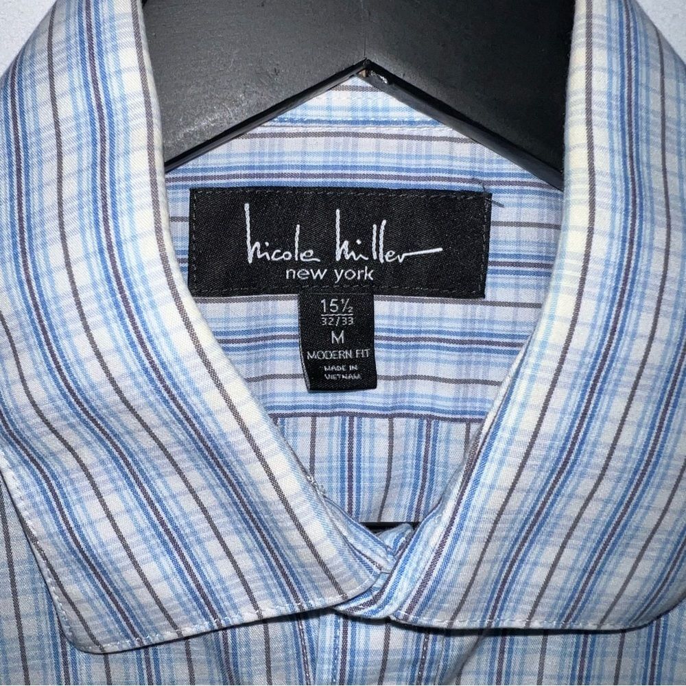 Nicole Miller Striped/Plaid Dress Shirt 15 1/2 x 32/33 Lt. Blue/White Modern Fit - Picture 4 of 6